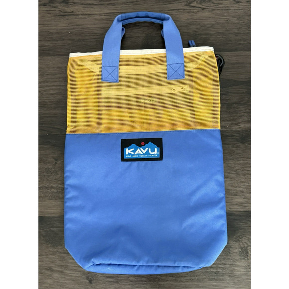 KAVU Cocoa Beach Travel Tote/Sling Bag Blue Canvas/Yellow Mesh Summer Adventure - Picture 1 of 13